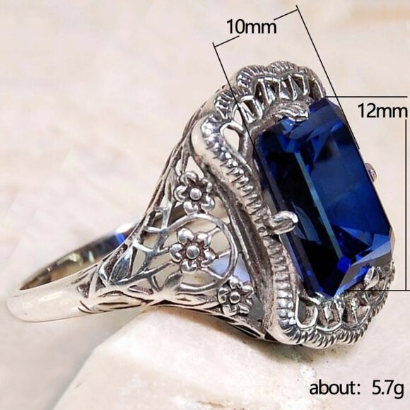 🍁925 Silver Plated Retro Style Emerald Cut Blue CZ Ring, MARR9334 - Picture 6 of 6